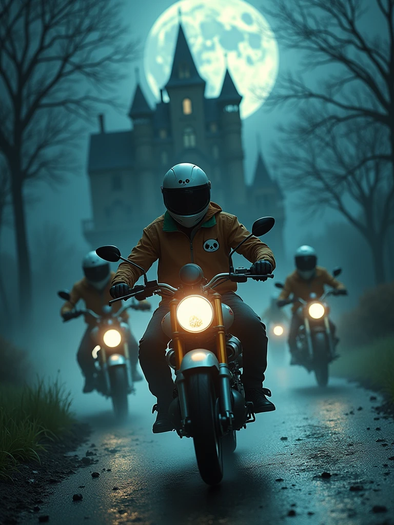 A man in a Foodpanda uniform speeds away from a haunted mansion on his Foodpanda delivery motorcycle, with ghostly apparitions chasing after him. The full moon illuminates the scene, and the Foodpanda logo stands out on his jacket as he makes his escape