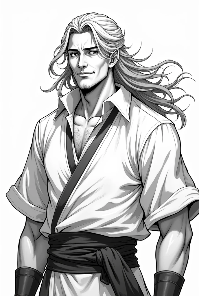 Dans le style shonen, crée un homme guerrier d'une soixantaine d'année avec des cheveux longs qui sourit.
En noir et blanc avec des traits apparrant et simple à réaliser