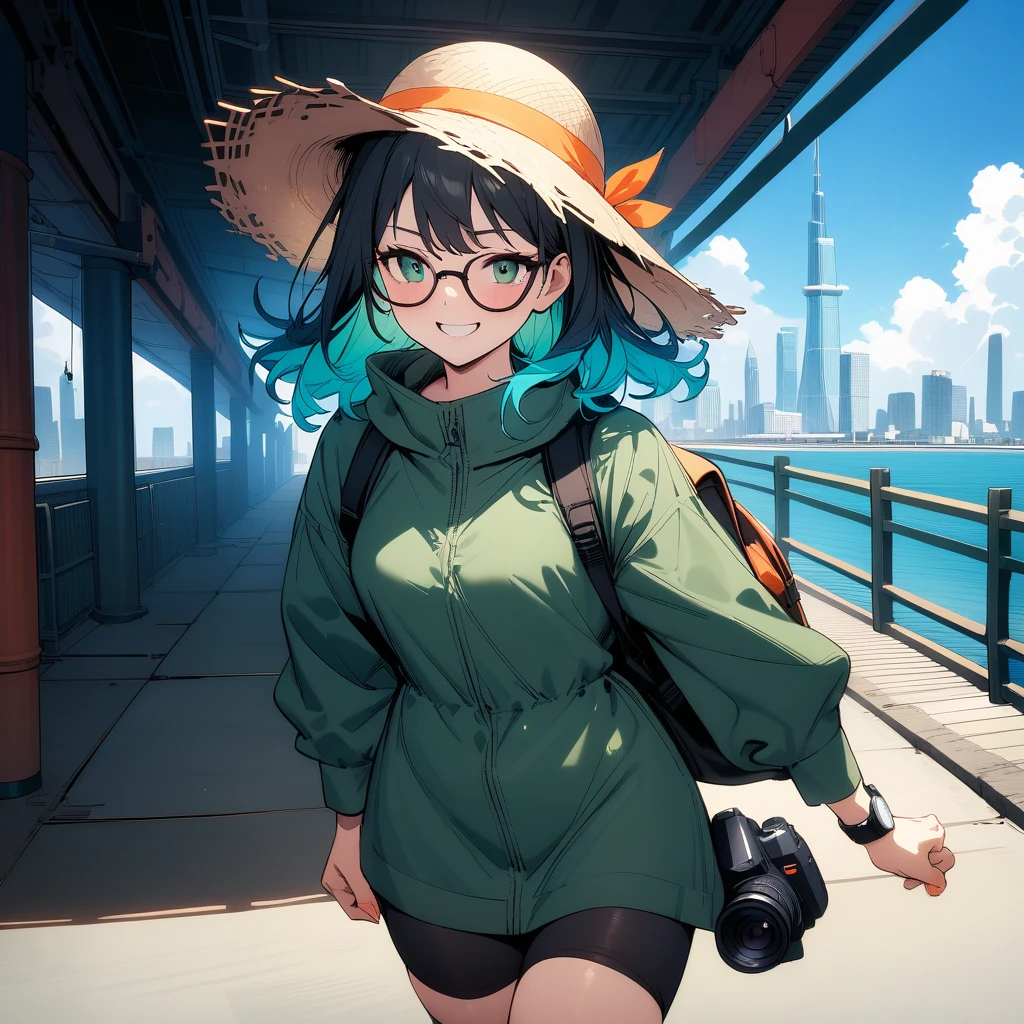 (masterpiece),(best quality),very aesthetic,(ultra-detailed),high saturation,nsfw,1girl,25yo,slender,tall,medium hair,black hair,natural wave hair,flipped hair,dark green eyes,comfortable,smirk,glasses,(straw hat with leaf color ribbon:1.2),carrying a aqua blue rucksack,a camera attached to the shoulder strap of a rucksack, (thigh-high parka dress with gradient earth color,black bike shorts),long sleeves,Sneaker Shoes,short orange socks,wristwatch,smirk,comfortable,excited,look around restlessly,no entry zone,freight port,concrete ground,Wharf with many containers lined up,gantry crane,Skyscrapers tower in the distance,,walking,summer,cowboy shot,looking away,blue sky
