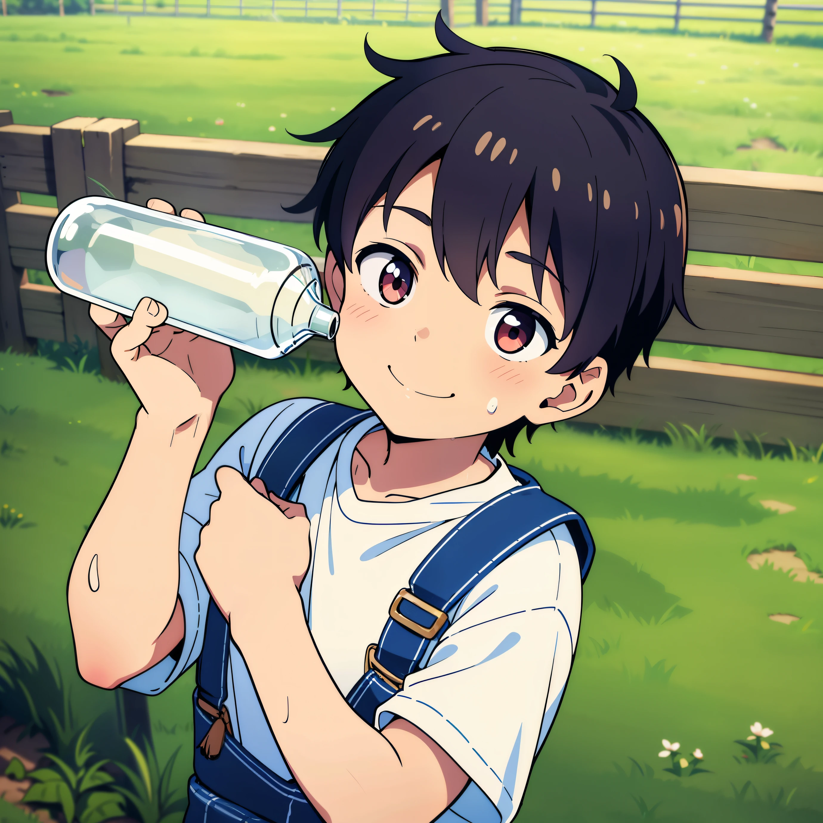 Highres, Masterpiece, Best quality at best,Best Quality,hight quality, hight detailed, Anime style, 1boy, a young farmer, bandana, wearing rather worn overalls, several bottles of milk, was in the cow pen, cuddle, pretty face, Shota, Young slightly muscular boy, -yeld, haome, Whole body, (very young boy), (Very small and short body), bunch of cows in the background, cute boy, Smile, Uhd, bokeh, sweat
