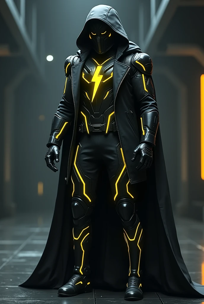 masked heroes high tech hero with black mask, black tactical suit and cover with black long trench coat with many neon yellow lining pattern, yellow neon EYE and with neon yellow lightning logo on his chest