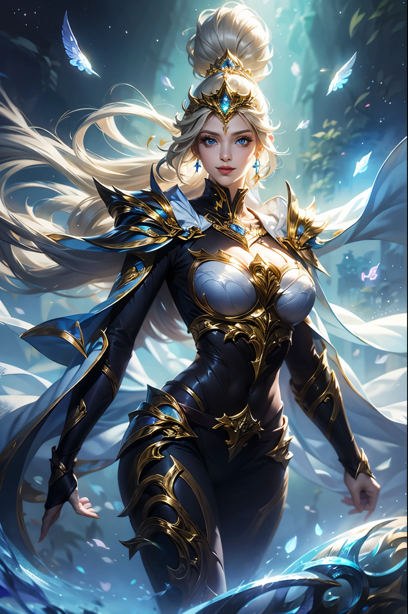 Ultra HD、Ultra-clear、White and beautiful translucent skin、Beautiful and well-proportioned face、Cute smile、Saint Seiya of Libra、Covers the whole body in silver armor、A holy knight in silver armor、Platinum tiara、Silver armor covered in flashy carvings、Heavy silver armor、Beautiful clear blue eyes、Blonde Short-Haired、Big Breasts、Outer space background、ponytail、