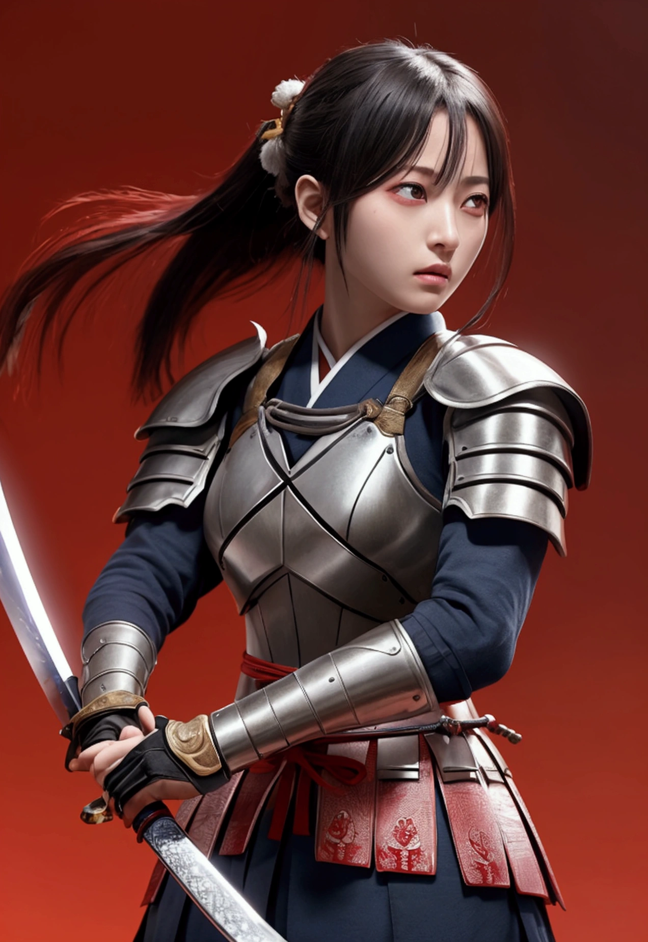 (Japanese sword &reference;Muramasa 2&reference;.2)One beautiful woman、Japanese swordを持った女性、armor、pocket、Warrior、Clear Eyes、Red Eye、{Arm tattoo、Warrior、Realistic battle scenes、敵Warriorの返りBlood、Blood、High resolution、Highest quality、Very detailed、8k、background、