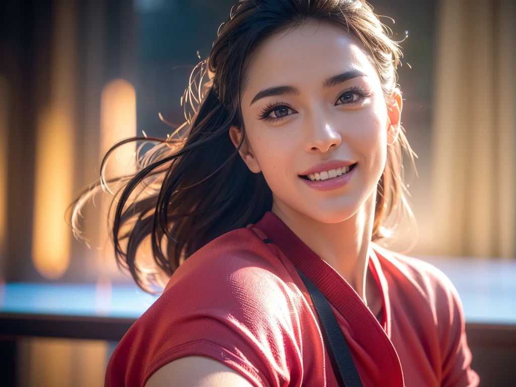 a gorgeous woman, martial artist, sportwear, beautiful detailed smile, beautiful detailed teeth, lover, cinematic dramatic lighting, (best quality,4k,8k,highres,masterpiece:1.2),ultra-detailed,(realistic,photorealistic,photo-realistic:1.37),HDR,UHD,studio lighting,ultra-fine painting,sharp focus,physically-based rendering,extreme detail description,professional,vivid colors,bokeh,portrait,photorealistic,cinematic