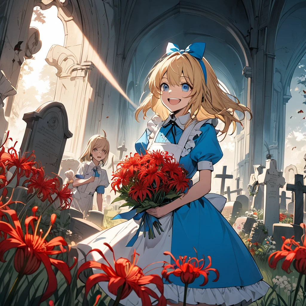 A masterpiece, boldly drawn anime-style illustrations, detailed drawings, humorous and crazy, cinematic lighting, a cemetery, Alice, the heroine of "Alice in Wonderland", visiting a grave, holding a bouquet of red spider lilies in both hands. An invincible smile, even the dead are delighted.