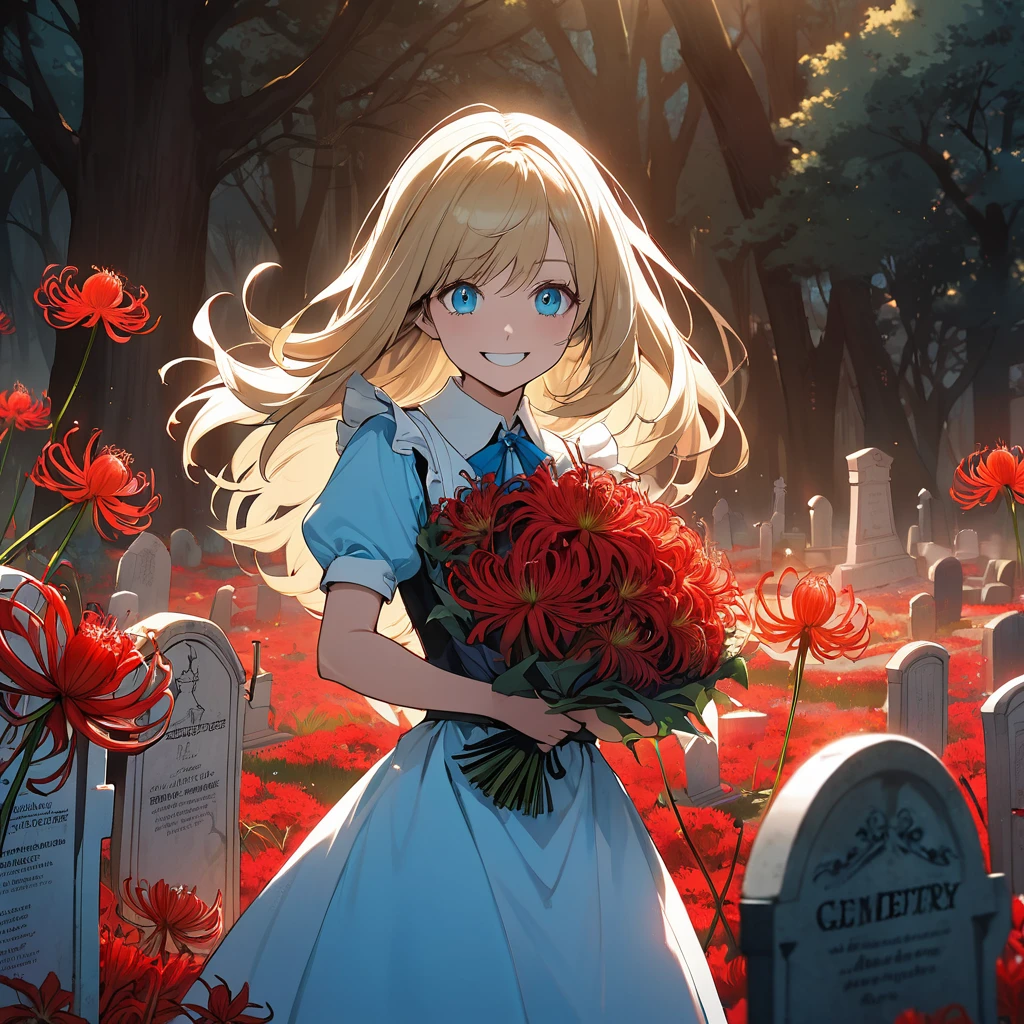 A masterpiece, boldly drawn anime-style illustrations, detailed drawings, humorous and crazy, cinematic lighting, a cemetery, Alice, the heroine of "Alice in Wonderland", visiting a grave, holding a bouquet of red spider lilies in both hands. An invincible smile, even the dead are delighted.