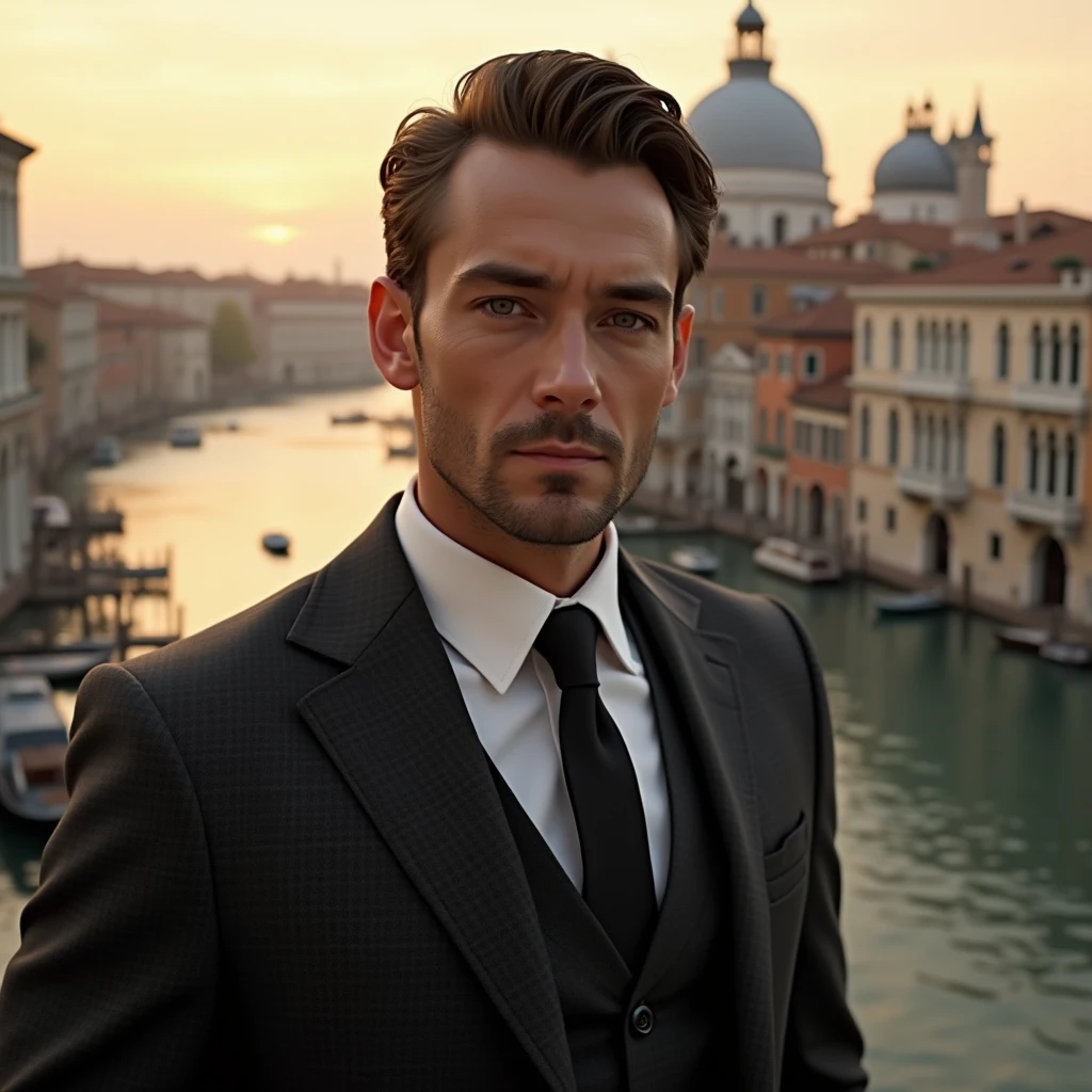 A mature, successful businessman, a modern reincarnation of Constantine the Great, a serious and attractive young man with a kind and earnest expression, a calm and composed demeanor, capable of being resolute when necessary, bright and piercing lion-like eyes, ((deep golden eyes)), in the scenic landscape of Venice at dawn.