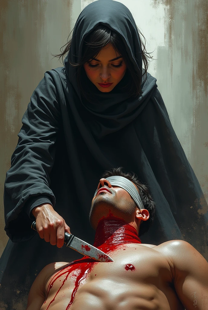 Realistic, A very beautiful muslimah hero girl beauty thick short hair knife, cut throat A boy prisoner blindfold neck bloody splash, full body, wide open throat, throat contents