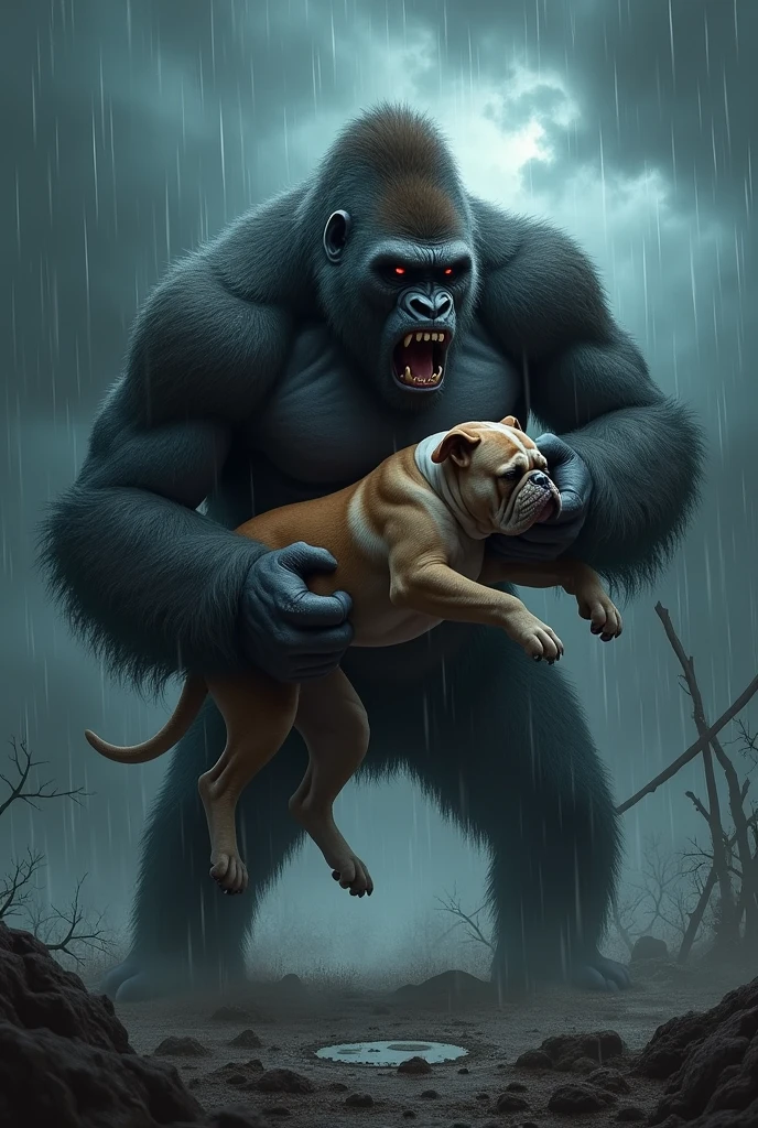 The gorilla killed the bulldog, it is raining, a storm is also coming, it is night time, there is mud below.