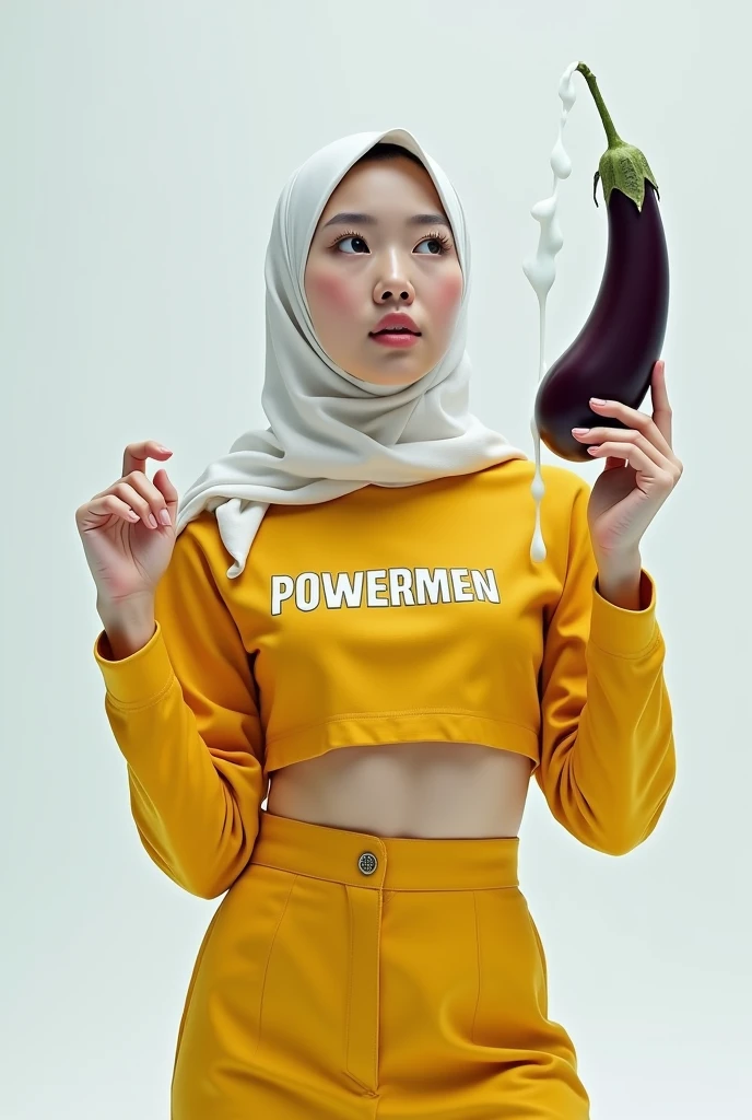 beautiful Korean woman wearing a hijab, wearing a yellow crop top with the words "POWERMEN", right hand holding a large, long eggplant, at the end of the eggplant there is thick milk dripping, left hand looking up, white begron