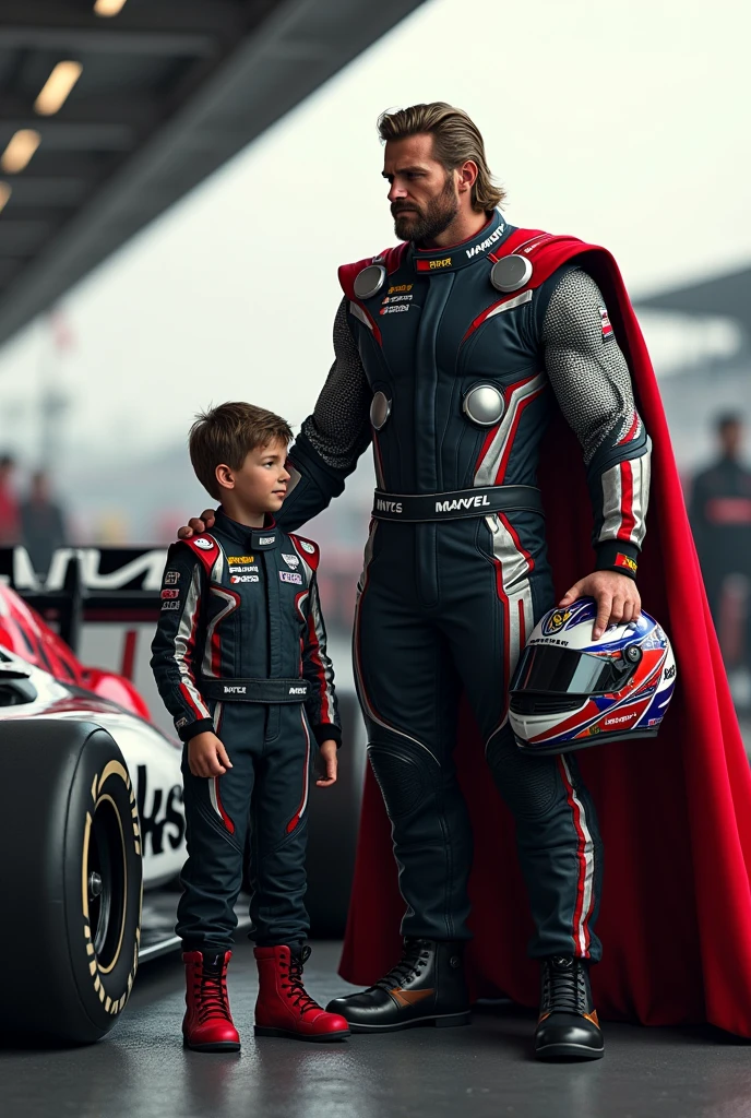 Thor as a racing car driver next to his car with a driver costume and helmet in hand and near to his son as a racing car driver next to his car with a driver costume and helmet.