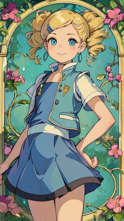 (1girl, solo, highly insanely detailed, masterpiece, top quality, best quality, highres, 4k, 8k, RAW photo),((innocent look)),((Childish)),From the front, symmetrical composition,smile,cute,Innocent,Kind eyes,Flat chest,Art Nouveau,ghibli style,vines, ppgzbb
blue eyes, blonde hair, twin drills, hairclip, earrings, vest, blue skirt, short skirt, standing