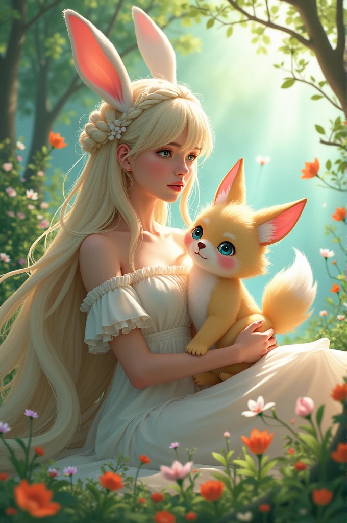 Long haired bunny ears woman with pink eared fox girl
