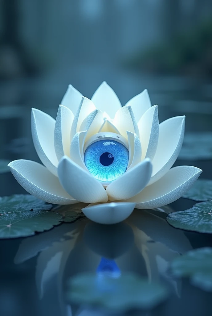 Make a white and blue lotus flower with petals that open and close in an infinite cycle with a realistic blue eye in the center