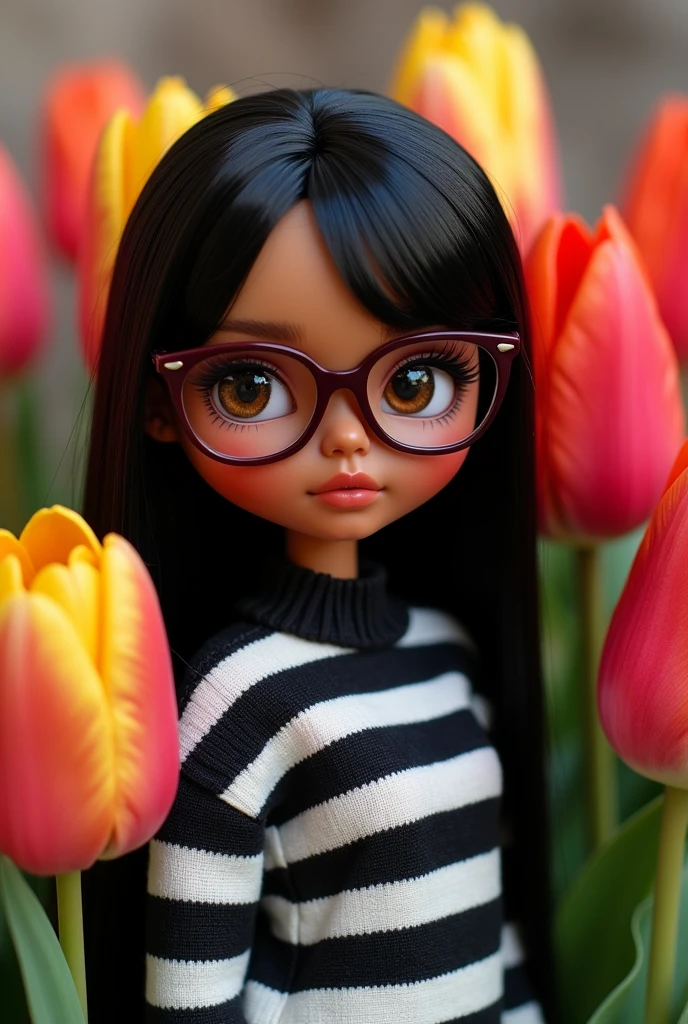 blythe doll, brown skin , straight black hair down to the back, Brown eyes , maroon glasses , black and white striped sweater . no hair on forehead . with tulips