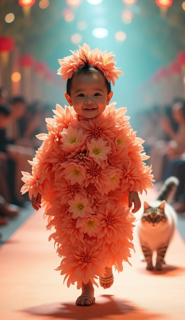 She wore a costume made of dahlia petals、Adorable Japanese walks down the runway with pet cat々Please create a walking scene with。, smile, Show off your surreal fashion sense. The camera pans