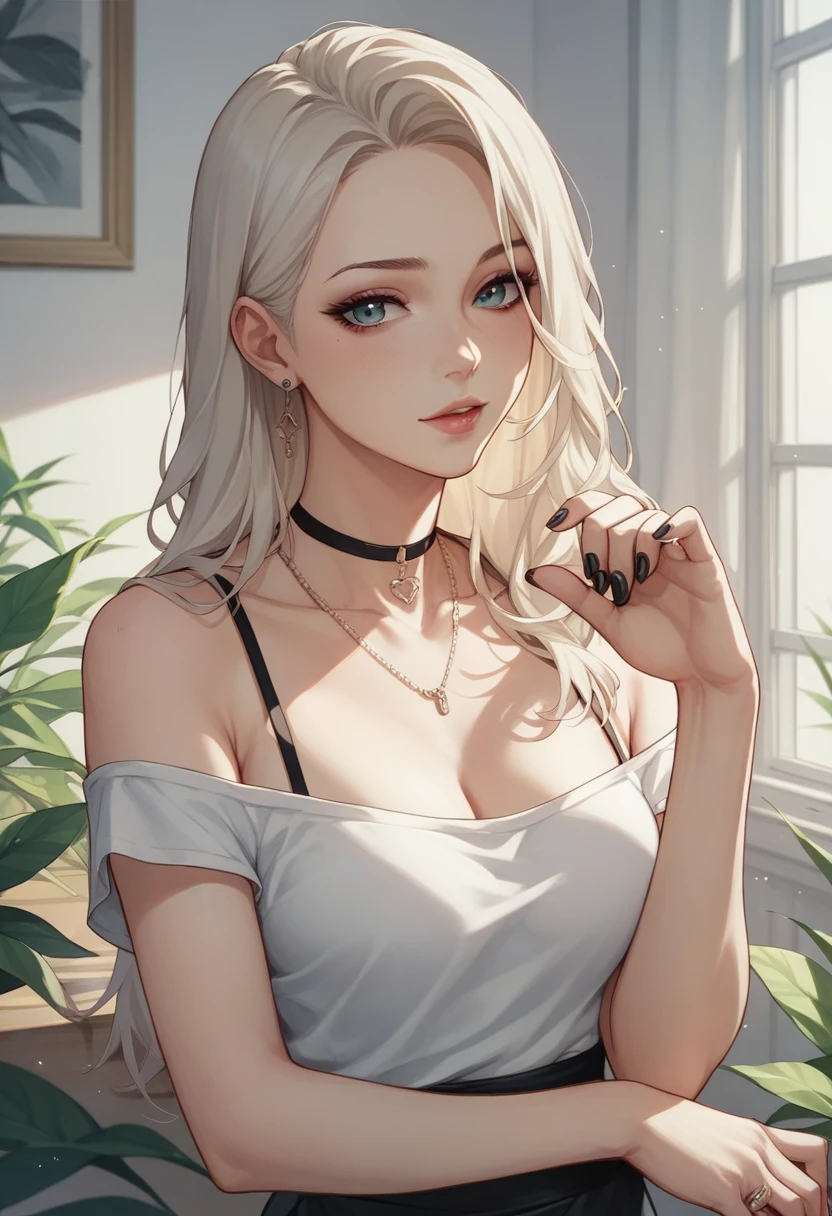 elegant young woman with long silver hair and vibrant blue eyes, wearing a short white camisole and cropped shirt, detailed face and body, beautiful detailed eyes, beautiful detailed lips, extremely detailed eyes and face, long eyelashes, illustration, anime style, highly detailed, 8K, photorealistic, masterpiece, vivid colors, soft lighting, delicate skin, flowing hair, detailed fabric textures, intricate details, dynamic pose