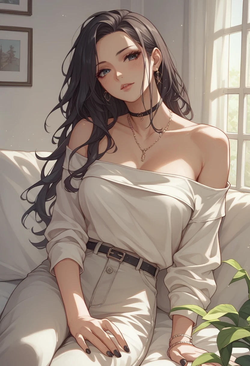 Open chest、cardigan、Laughter、room、8k、Delicate face、Detailed face、Simple Background,Long straight hair_Hair reaching down to the waist、gold necklace＿Large earrings、White long sleeve button up blouse_With collar_Remove up to the second button＿Brown pleated mini skirt、Place your left hand gently on your chin，right hand holding、full figure supermodel standing, entire body in frame,((Lying in a luxurious hotel bed:1.6)),((right hand touching her chest and left hand on her groin:1.3)),((chest thrusting pose, chest bragging pose,open her mouth,close her eyes:1.4)),Sleeping on your back,((Lift the skirt and hem from yourself、Sheer white panties exposed:1.6)、