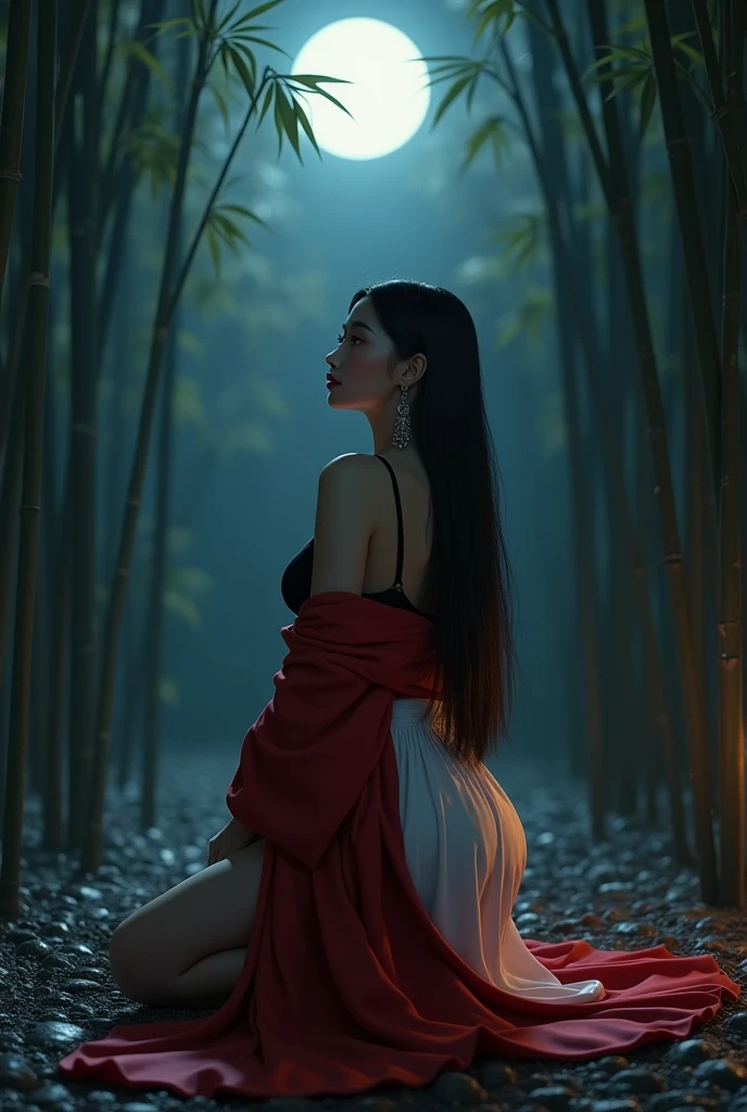 Bamboo Forest/, ((masterpiece, highest quality, Highest image quality, High resolution, photorealistic, Raw photo, 8K, Extremely detailed CG unified 8k wallpaper)), (huge stunning goddess shot, very hot and sexy, jaw-dropping beauty, perfect proportions, beautiful body, slim body beauty:1.4), Bamboo grove at night, woman lit by torchlight, wearing red kimono, full moon floating in background, silence of night, mysterious atmosphere, seen from below, kneeling on floor, showing left armpit, black bra white skirt, earrings , straight long hairs