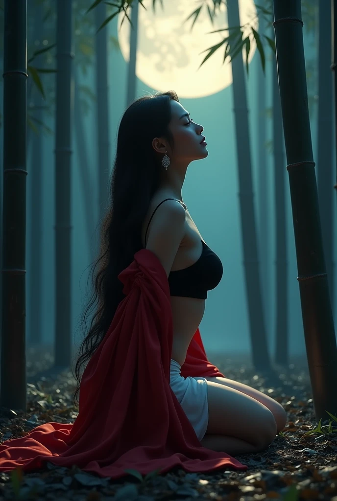 Bamboo Forest/, ((masterpiece, highest quality, Highest image quality, High resolution, photorealistic, Raw photo, 8K, Extremely detailed CG unified 8k wallpaper)), (huge stunning goddess shot, very hot and sexy, jaw-dropping beauty, perfect proportions, beautiful body, slim body beauty:1.4), Bamboo grove at night, woman lit by torchlight, wearing red kimono, full moon floating in background, silence of night, mysterious atmosphere, seen from below, kneeling on floor, showing left armpit, black bra white skirt, earrings , straight long hairs
