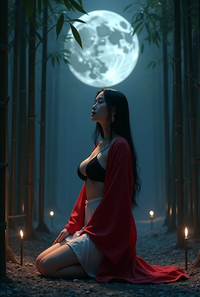 Bamboo Forest/, ((masterpiece, highest quality, Highest image quality, High resolution, photorealistic, Raw photo, 8K, Extremely detailed CG unified 8k wallpaper)), (huge stunning goddess shot, very hot and sexy, jaw-dropping beauty, perfect proportions, beautiful body, slim body beauty:1.4), Bamboo grove at night, woman lit by torchlight, wearing red kimono, full moon floating in background, silence of night, mysterious atmosphere, seen from below, kneeling on floor, showing left armpit, black bra white skirt, earrings , straight long hairs