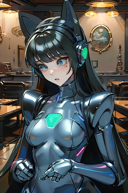 (masterpiece),(Highest quality),(Super detailed),(Best illustrations),(Best Shadow),(Absurd),(Detailed Background),(so beautiful), 16K, 8K, 4K,(Best Shadow),empty eyes,robotization,woman ,big bust,Robot Joint ,Metal skin,Black Suit,long hair,a black suit that covers the whole body,robot hand,cyber bodysuit,metal cat ear,robot miku