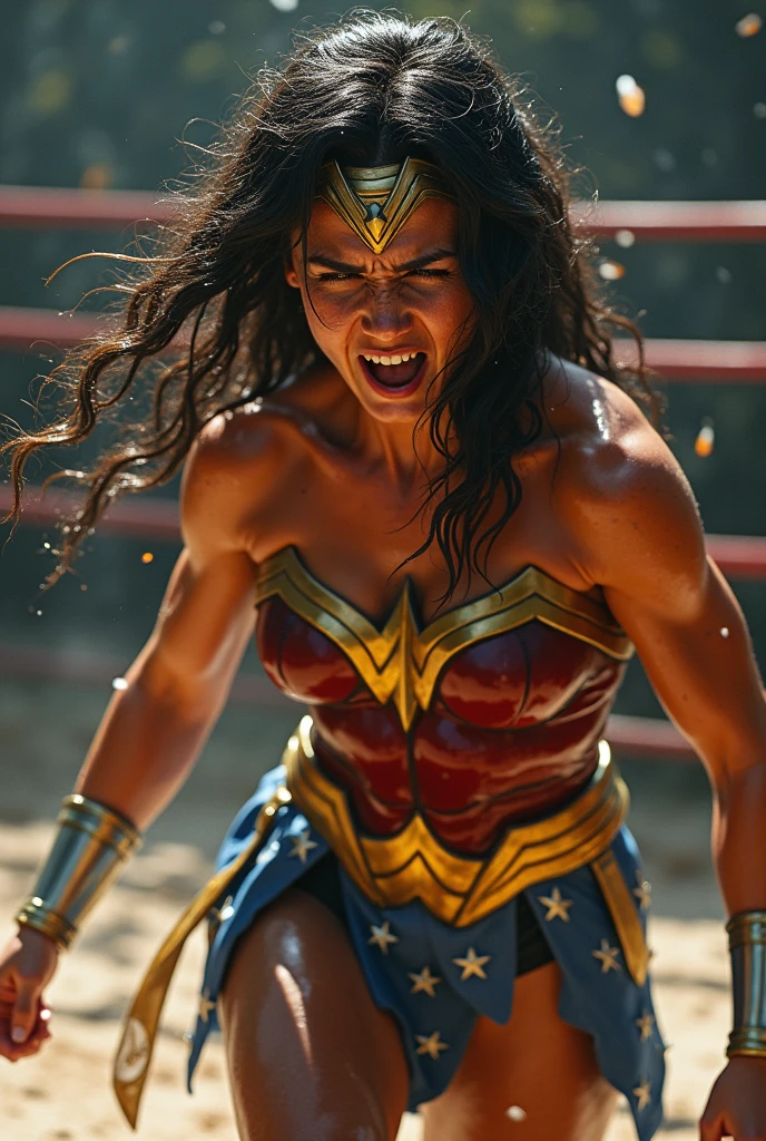 A very Sweaty muscular Wonder Woman is vomiting and sweating in the ring, she spits out lot of visible saliva repeatedly. Lot and Lot of saliva continously dropping from her mouth to the floor. There is lot of sweat on her muscular body. 