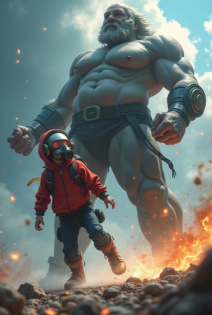 kid Star-Lord with red hoodie, Rocket boots, headphones, star-lord helmet, gas helmet, Covered mouth, Round & red eyes + Yorha 2b, big breasts, big ass, perfect body, Busty, realistic, power, Kick, Attack, magic rings in the hands, Fighting, power, fiction, full body, 2 persons, magic lasso, hight, fall, fire in boots, powerful spells, realistic, war, ocean, spells, Cayendo del cielo, sleep, hug