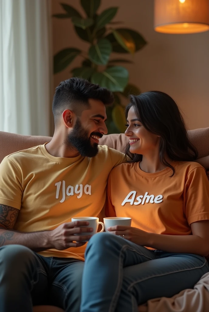Husband and wife sitting on sofa and drinking coffee together. Husband name is Vijaya. Husband name is printed on the front side of his t-shirt. Wife name is Asha. Wife name is printed on the front of her t-shirt. Vijaya hairstyle is skin fade.