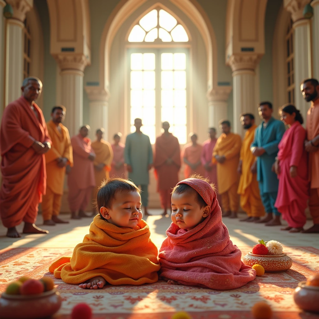 Skep 'n beeld waarin daar 'n groot huis is waarin twee gebore kinders op 'n bed sit en daar is baie mense rondom wat kleurvolle Rajasthani dhoti en kurta dra.