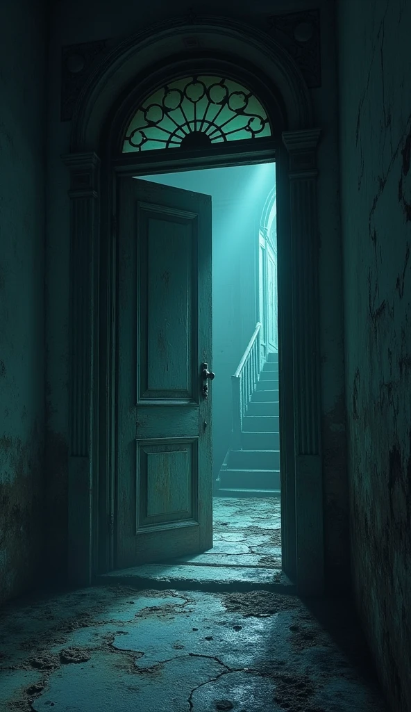 Show the main door of the mansion slightly ajar, revealing a dim, cold interior. The door should be old and weathered, with peeling paint. A faint, ghostly light should emanate from within, hinting at something mysterious inside. The surrounding area should be dark and shadowy.