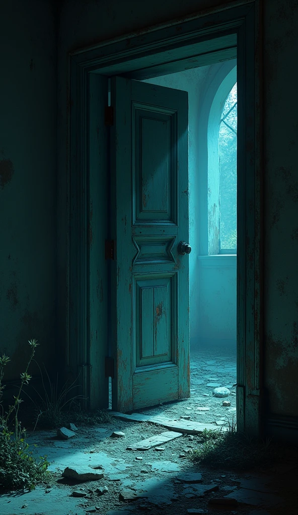 Show the main door of the mansion slightly ajar, revealing a dim, cold interior. The door should be old and weathered, with peeling paint. A faint, ghostly light should emanate from within, hinting at something mysterious inside. The surrounding area should be dark and shadowy.
