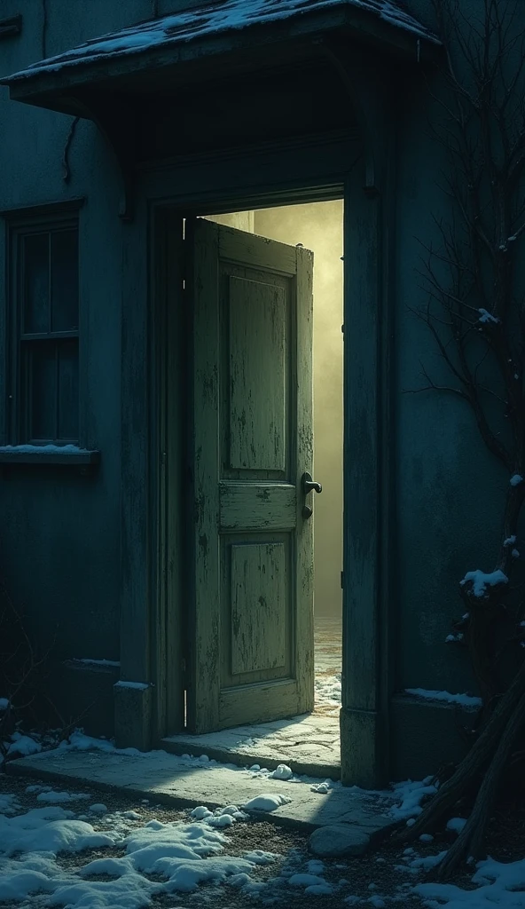 Show the main door of the mansion slightly ajar, revealing a dim, cold interior. The door should be old and weathered, with peeling paint. A faint, ghostly light should emanate from within, hinting at something mysterious inside. The surrounding area should be dark and shadowy.