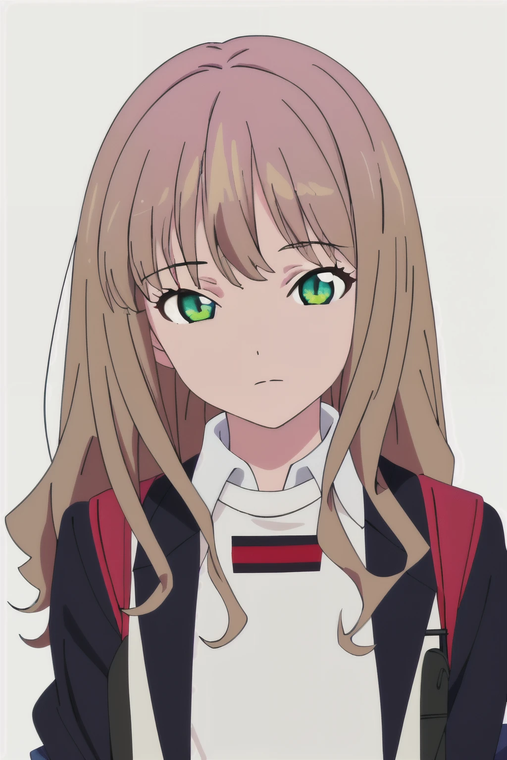 solo, 1girl, looking at viewer, 2D, anime, anime coloring, upper body, (solid white background:1.3), yume minami, white shirt, jacket, school uniform, looking at viewer, closed mouth