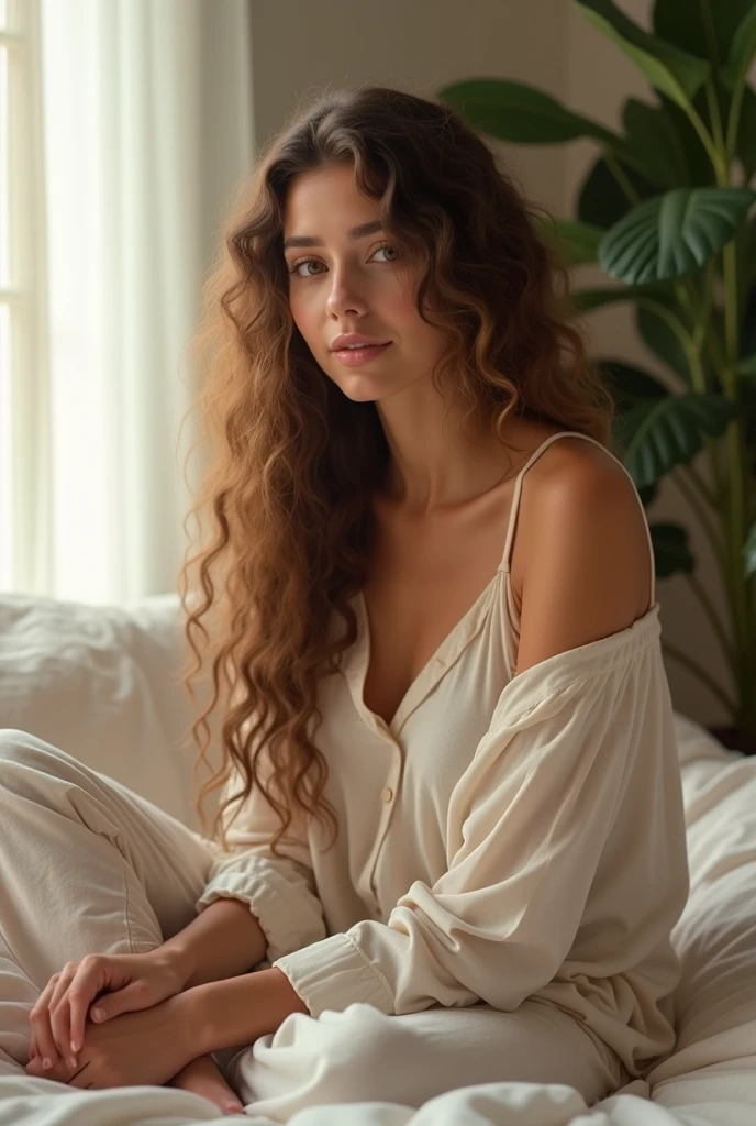 (photorealism:1.2), beautiful woman, sitting on bed, wearing loose off-shoulder top, pajama pants, long curly hair, indoors, soft lighting, plants in background, window with sunlight, cozy room, relaxed pose, realistic, intricate details, warm colors, by show big boobs