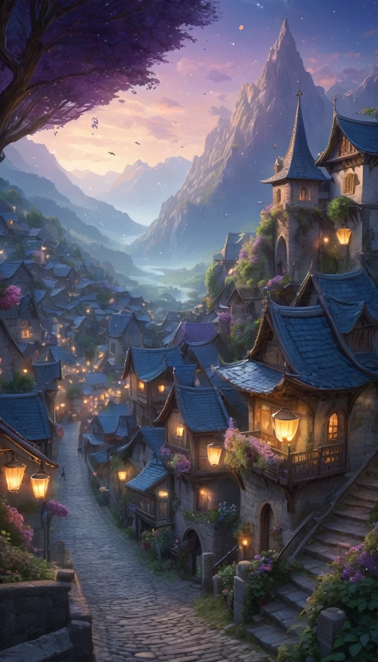 Create an incredibly enchanting and visually stunning image of an "Ancient Otherworldly City." Imagine a secluded, mystical village nestled in a hidden valley, surrounded by towering, ethereal mountains and dense, enchanted forests. The architecture of the town is a blend of ancient stone buildings with intricate carvings and organic, nature-inspired structures that seem to grow from the ground itself.

In the foreground, a cobblestone street winds through the town, lined with lanterns that emit a soft, magical glow. The townspeople, dressed in robes and garments of an otherworldly style, go about their daily activities, some tending to glowing gardens, others working with mysterious artifacts.

The town square features a magnificent, ancient tree with sprawling branches that reach towards the sky, its leaves shimmering with an iridescent light. Around the tree, market stalls sell exotic goods and magical items, creating a bustling, vibrant atmosphere.

The sky above is a twilight gradient of deep purples, blues, and teals, with stars and celestial phenomena adding to the sense of wonder. The mountains and forests in the background are bathed in a soft, ethereal mist, adding depth and mystery to the scene.

The color palette should be rich and mystical, with a harmonious blend of natural and magical hues. Use detailed, flowing lines to capture the intricate beauty of the town and its surroundings. The entire image should evoke a sense of wonder, serenity, and the timeless charm of an ancient, otherworldly little town, 8k