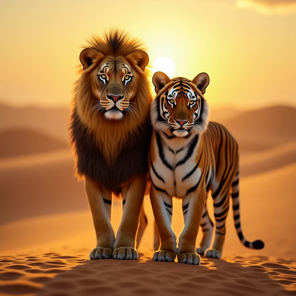 Realistic lion and tiger), majestic animals, fierce expressions, united in harmony, an empty desert landscape, golden sand dunes, sun setting on horizon, warm hues of orange and yellow, soft shadows, serene atmosphere, ultra-detailed fur textures, captivating eyes, high quality, vivid imagery, cinematic clarity, highlighting the beauty of nature.