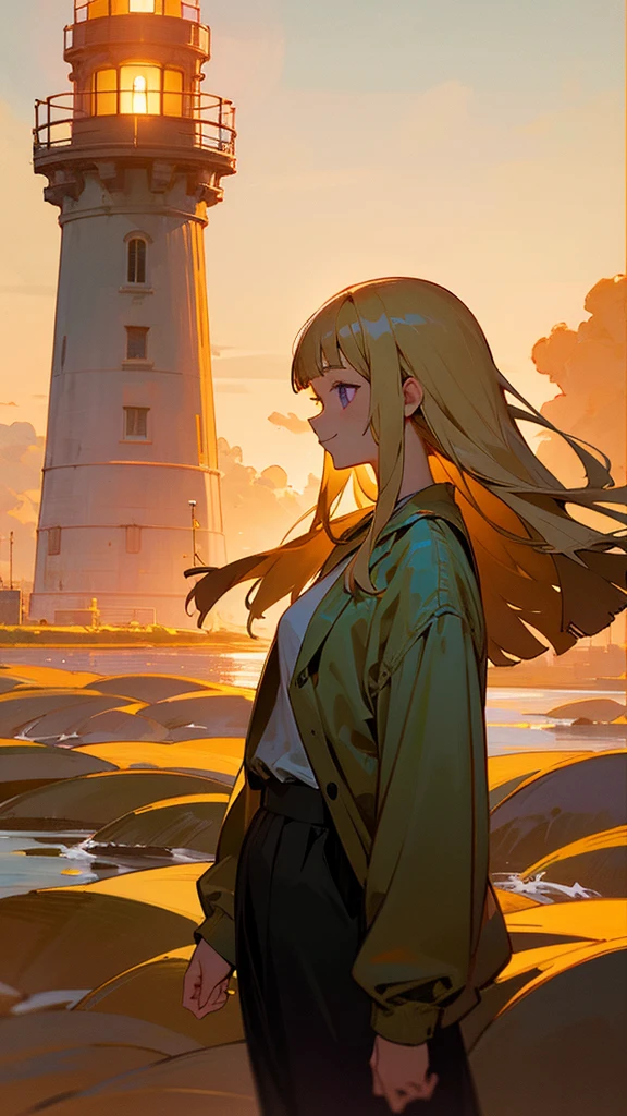 1 girl、alone、impression、(Oil)、Green and orange tones、blonde、Blunt bangs、Straight hair、Purple eyes、one piece、Long sleeve、profile、smile、Cowboy Shot、Golden hour sky、Near the lighthouse
