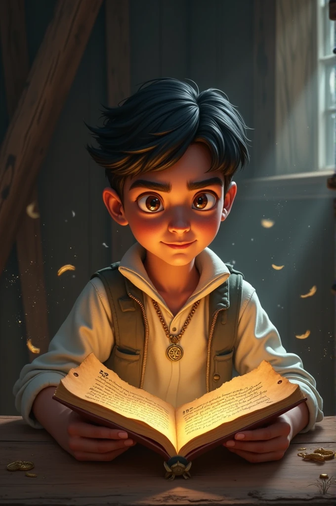 Ayush discovering an ancient letter in a dusty attic, with ornate handwriting and a magical seal.