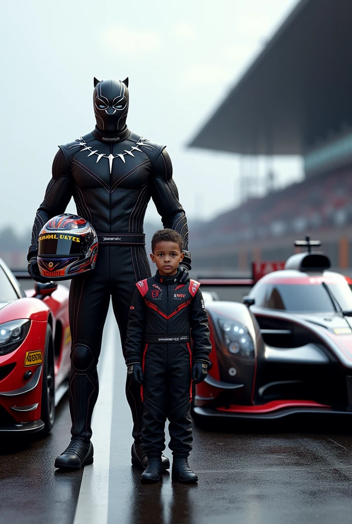 Black Panther as a racing car driver next to his car with a driver costume and helmet in hand and near to his son as a racing car driver next to his car with a driver costume and helmet.