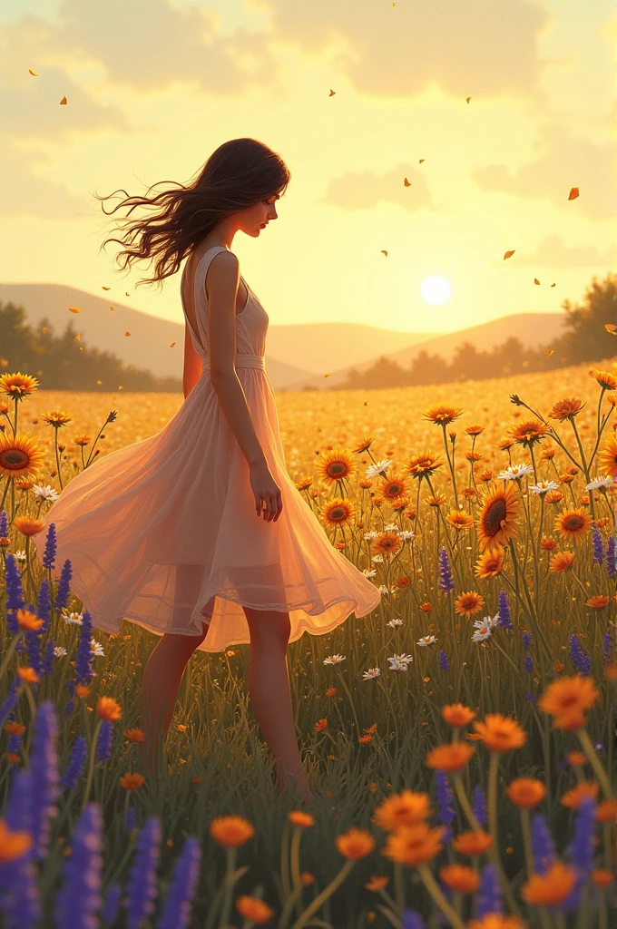 Girl alone walking in a field of flowers at dusk 
