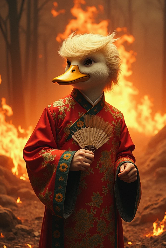 Donald Trump&#39;s duck head with a Chinese style dress, holding a feather fan., fire everywhere