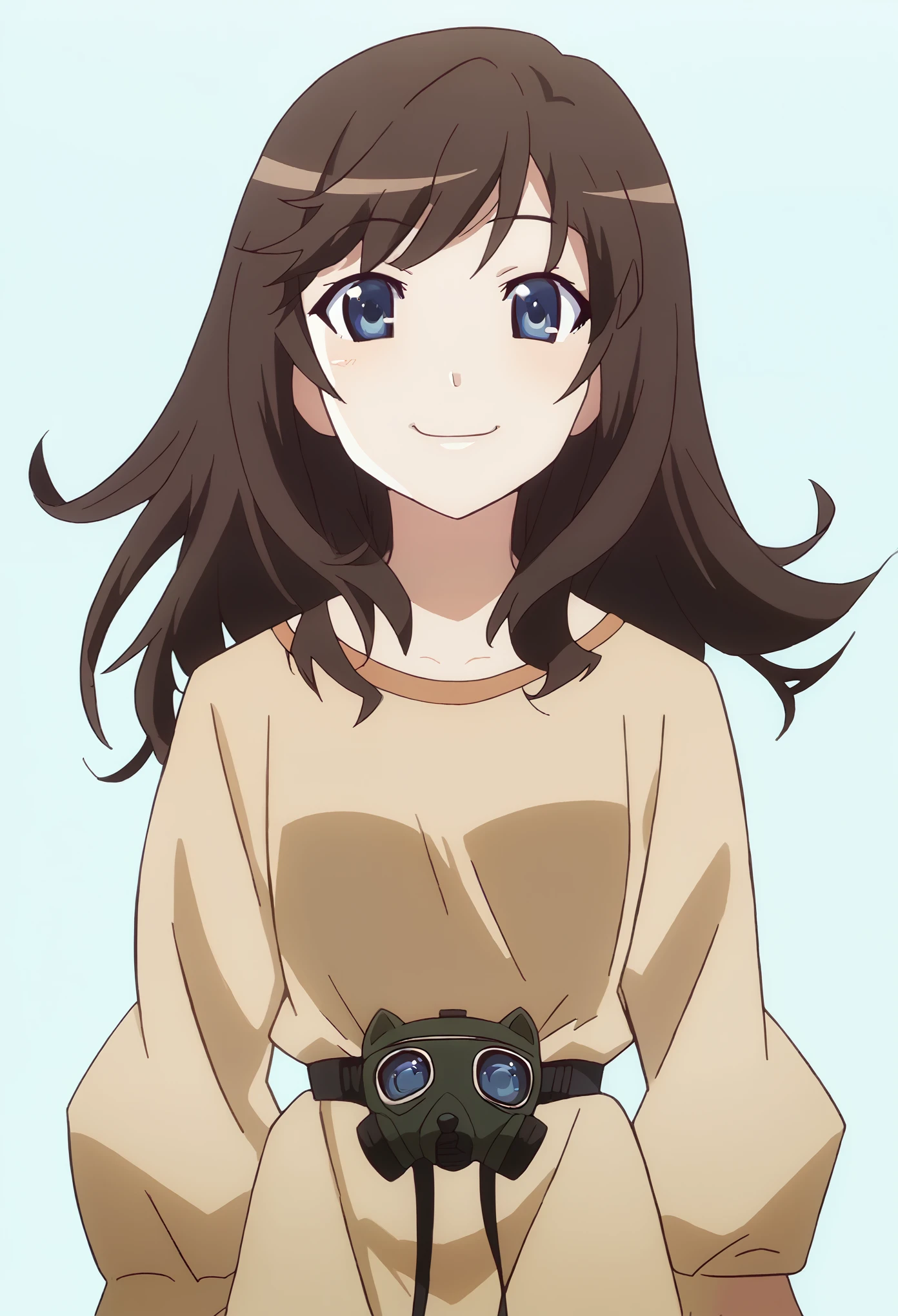 1 girl, Brown long hair, blue eyes, smiling, teenanger, happy, cute, floating hair,wearing gasmask 