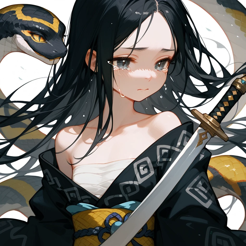 1 girl, Black Hair, iris, Off-the-shoulder kimono, beautiful_face, Black snake motif, Kimono with snake scale pattern, Solo Illustration, Long Hair, Black kimono, Holding a sword, Upper Body, (Tears) Flat Chest
