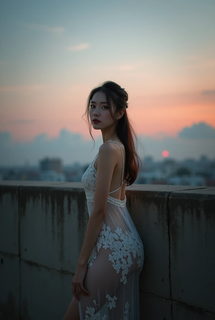 (Highest quality:1.4),(masterpiece:1.4),(Realistic:1.4),(Realistic:1.2),(超High resolution, RAW Photos:1.4),(High resolution, Very detailed:1.2),(8k:1.2),photograph,(Shot from behind:1.3)、Korean women、brown hair photos,One Woman,alone,(In underwear),Very large breasts,((Thigh to head shot:1.3))、(((topless、You can see her large breasts from the side.)))、((Toothy smile))、((Very large breasts:1.4))、Realistic skin textures、Slightly freckled、Slender figure、Realistic skin textures、((background,Concrete wall:1.3)),(topless,The breast is visible from the side:1.6),(Long lace slip,White)、3 woman、The angle at which the nipple is not visible、((Updo long hairstyle))、((Black,Long lace slip:1.4))、Correct toes、Detailed facial features、Long slip covers the buttocks and soles of the feet、Long slip covers your butt、