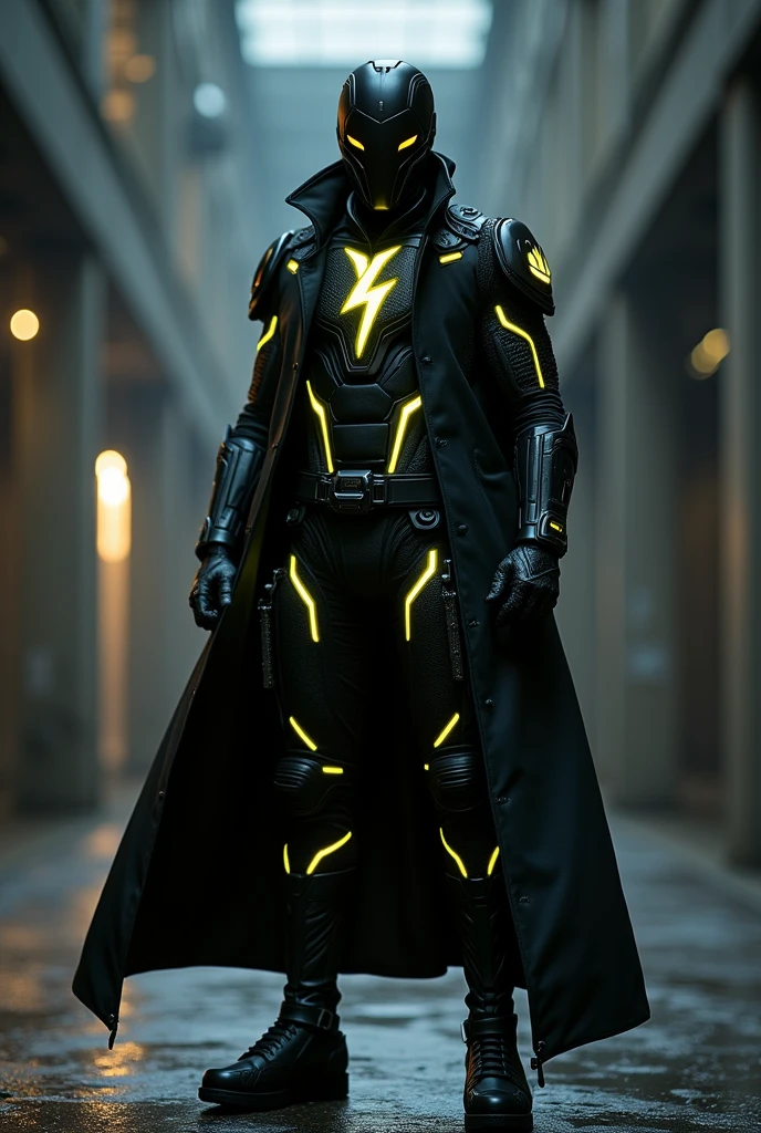 masked heroes high tech hero with black mask, black tactical suit and cover with black long trench coat with many neon yellow lining pattern, yellow neon EYE and with neon yellow lightning logo on his chest
