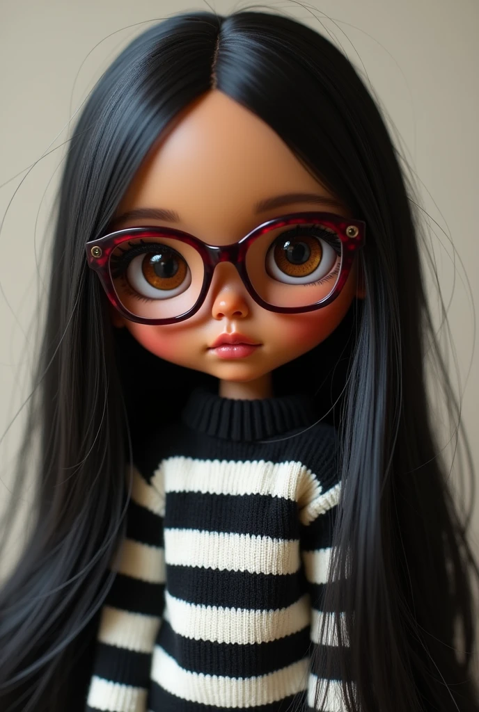 blythe doll, brown skin , straight black hair down to the back, Brown eyes , maroon glasses , black and white striped sweater . no hair on forehead .
