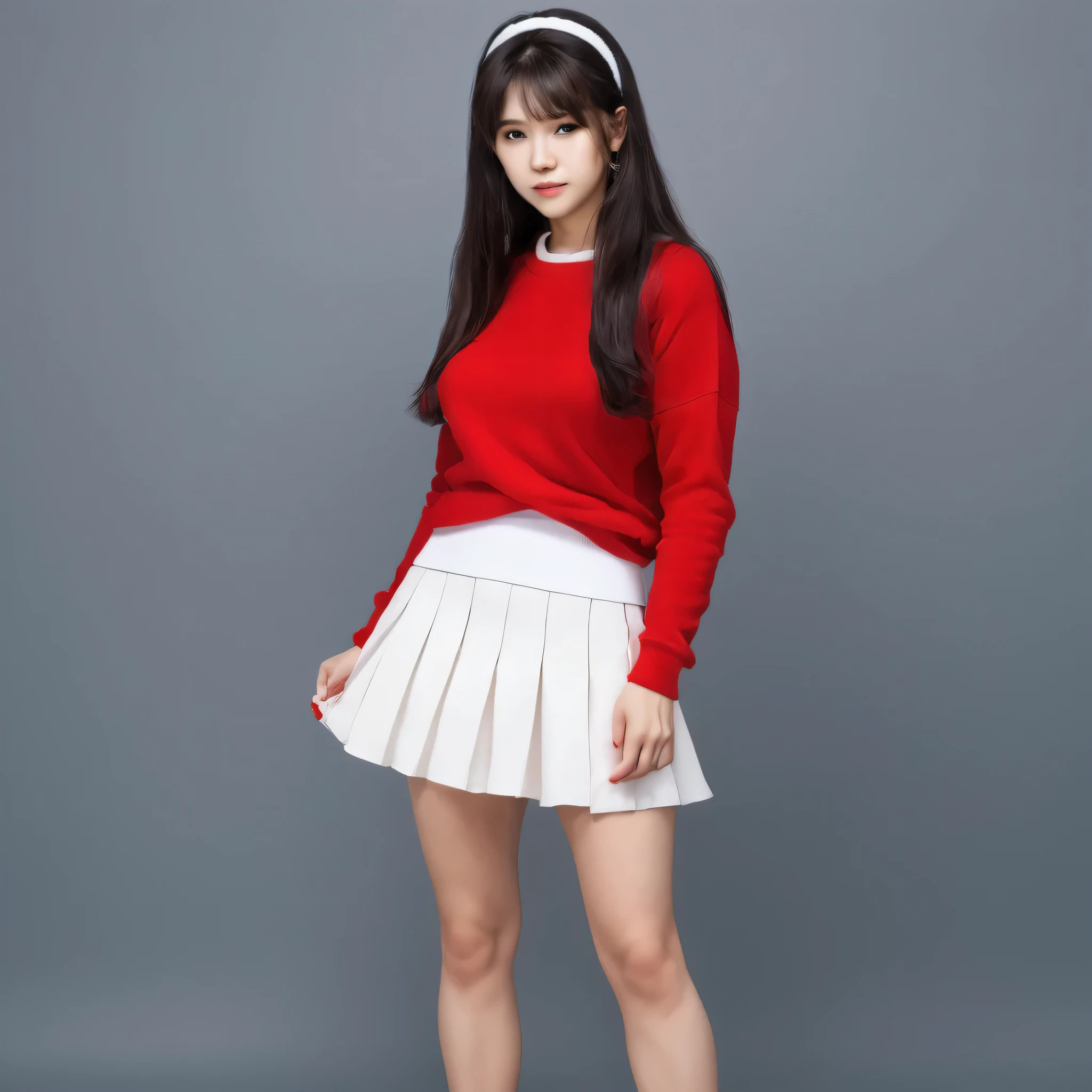 masterpiece, Best Quality, put, hair band, Red sweater, white skirt with ruffles, sneakers, standing, looking at the viewer 