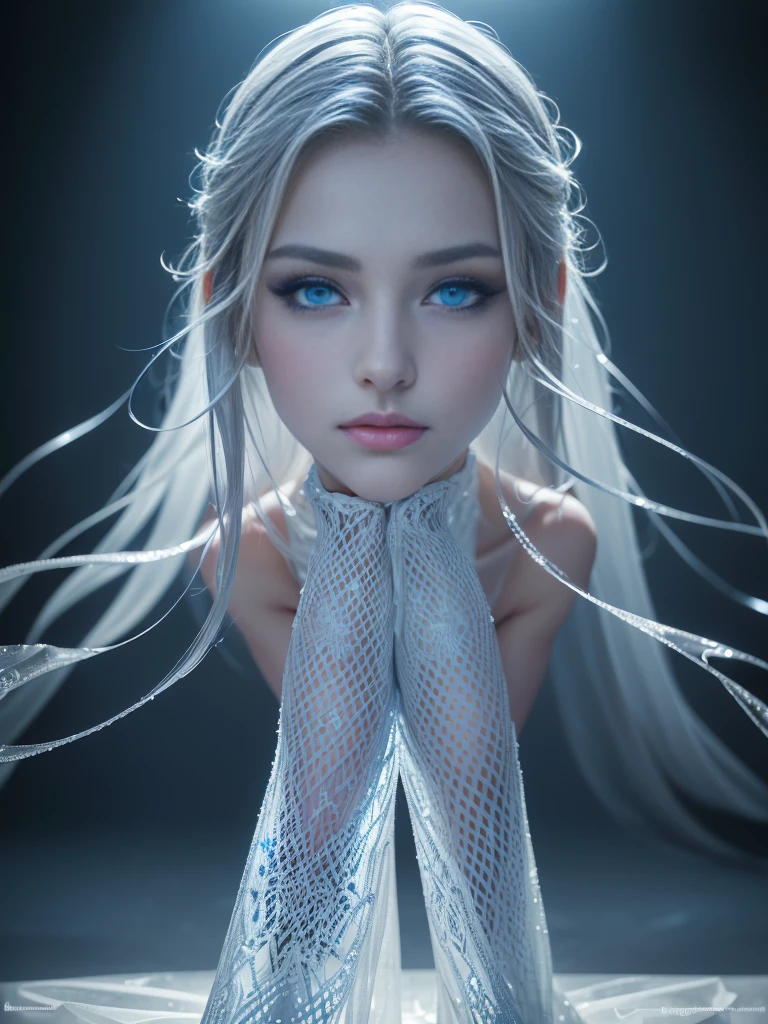 8k, (full body shot:1.7), 20-year-old swedish girl, raw, Beautiful woman, (straight gray hair), (ice carving clothes:1.5, Masterpiece ice sculpture:1.5, intricate sheer transparent translucent clothes, barely clothed, intricate, beautifull face, elegant dress, highly detailed, shyness), intricate, beautifull face, elegant, highly detailed, digital hyperrealistic photography, hyperrealistic photography filigree, shyness, most beautyfull face, (masterpiece, sidelighting, (finely detailed beautifull blue eyes: 1.2)),