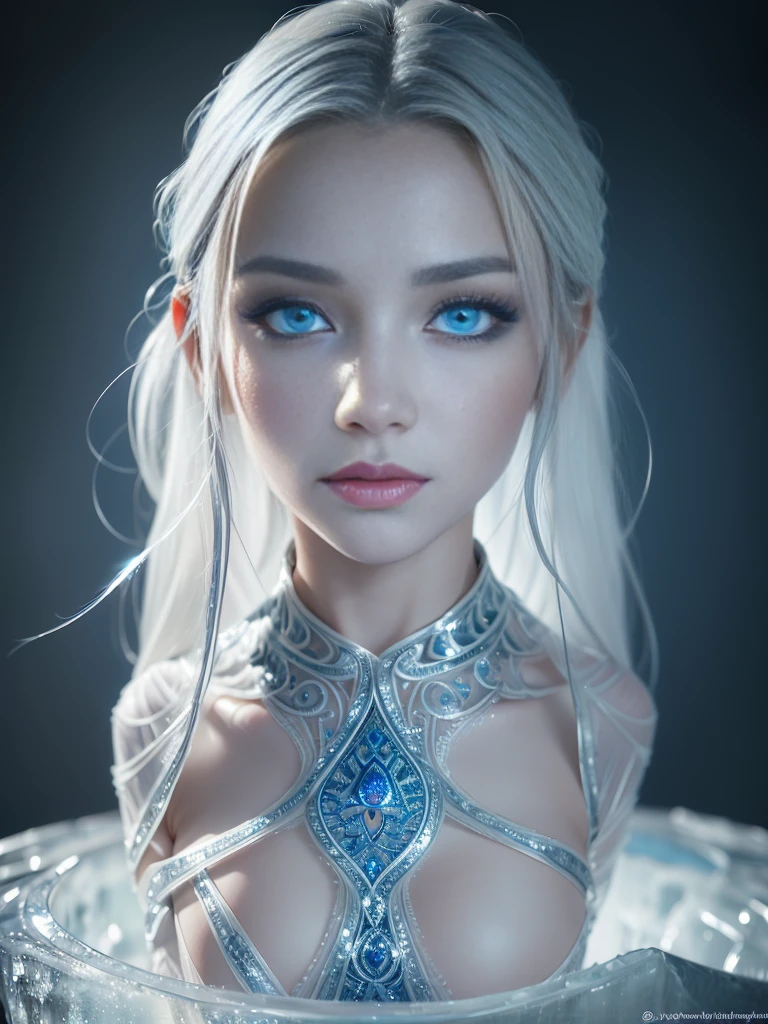 8k, (full body shot:1.7), 20-year-old swedish girl, raw, Beautiful woman, (straight gray hair), (ice carving clothes:1.5, Masterpiece ice sculpture:1.5, intricate sheer transparent translucent clothes, barely clothed, intricate, beautifull face, elegant dress, highly detailed, shyness), intricate, beautifull face, elegant, highly detailed, digital hyperrealistic photography, hyperrealistic photography filigree, shyness, most beautyfull face, (masterpiece, sidelighting, (finely detailed beautifull blue eyes: 1.2)),